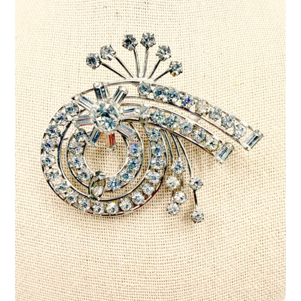 Vintage Carl Art Sterling Silver Clear Rhinestone Swirl Spray Brooch Pin 2"